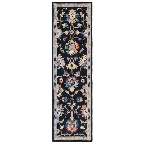 Blossom 2 ft. x 8 ft. Black/Blue Border Floral Runner Rug