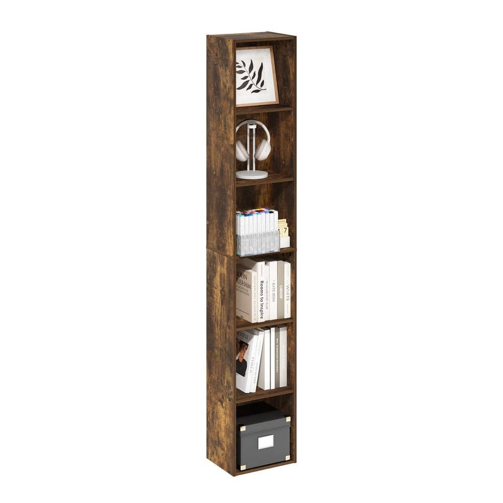 Amber Pine Tall Slim 6-Tier Wood Bookcase