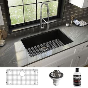 32.5 in. Large Single Bowl Undermount Kitchen Sink in Black with Bottom Grid and Strainer