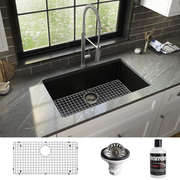 Karran 32.5 in. Large Single Bowl Undermount Kitchen Sink in Black with Bottom Grid and Strainer