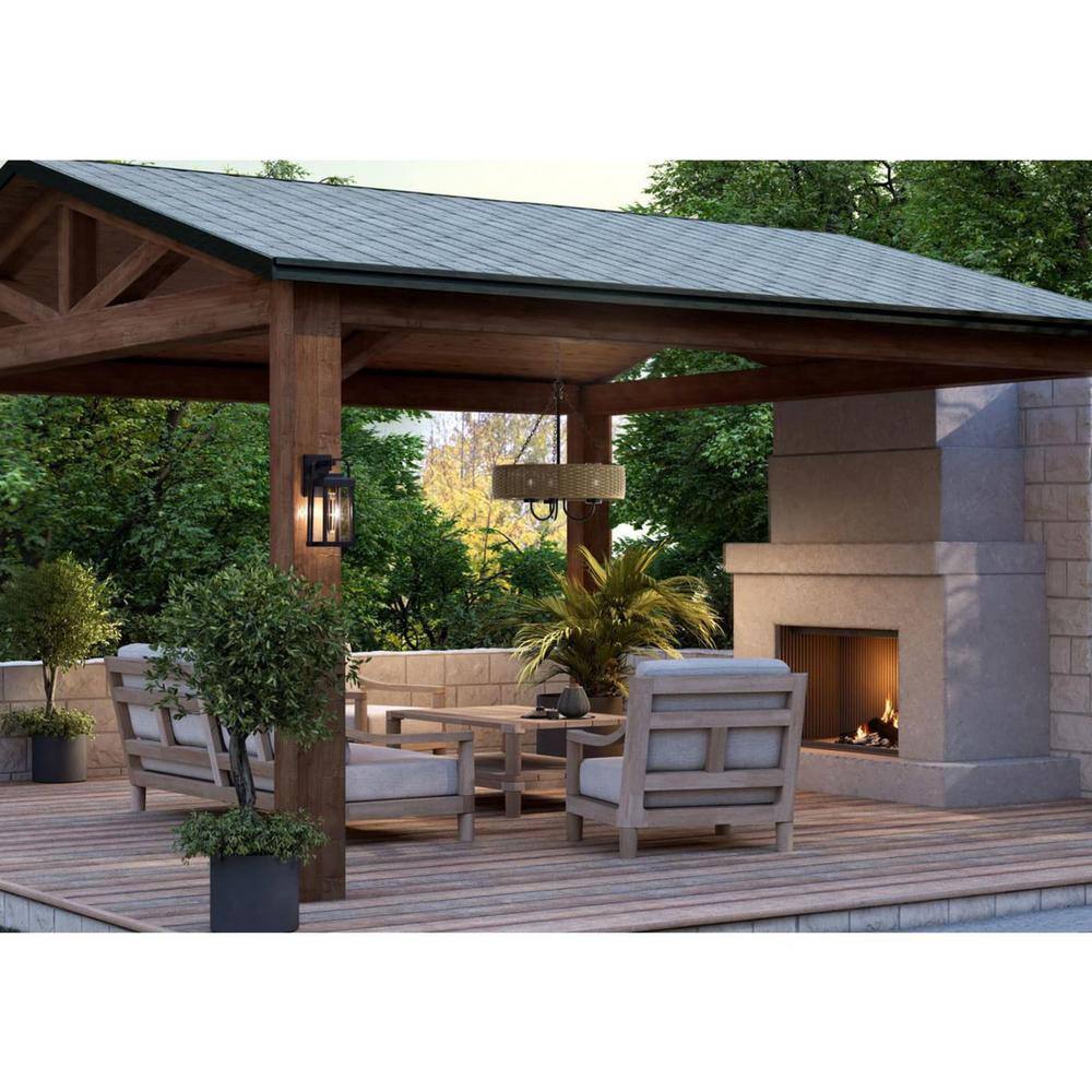 Pembroke Matte Black Outdoor Chandelier with Mocha Rattan and Seeded Glass
