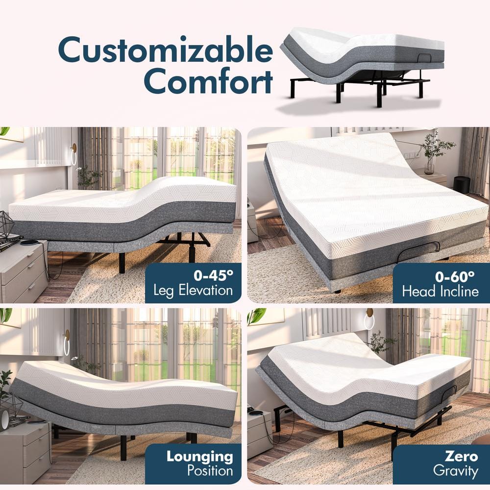 Renanim Adjustable Gray Bed Frame with Dual Massage and USB Ports