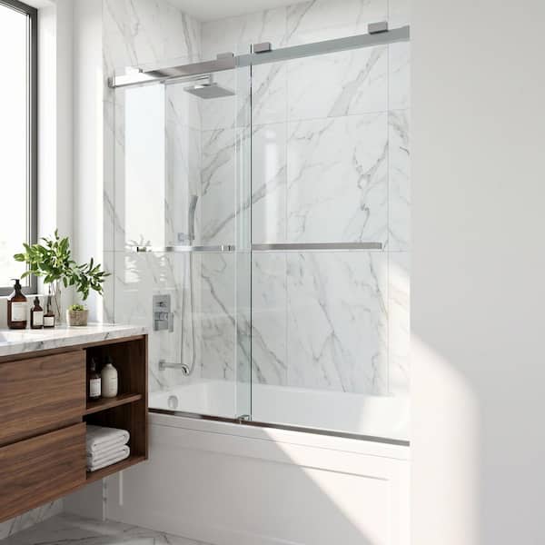 Houston 56 to 60 in. W x 66 in. H VMotion Sliding Frameless Tub Door in Stainless Steel with 3/8 in. (10mm) Clear Glass