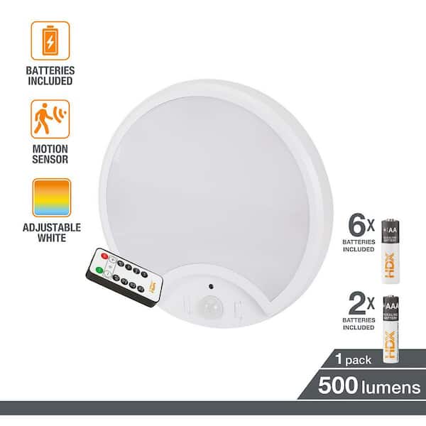 9 in. Round Matte White Flush Mount Ceiling LED Light, Battery Powered, 3000K-5000K CCT, Motion Sensor, with Remote