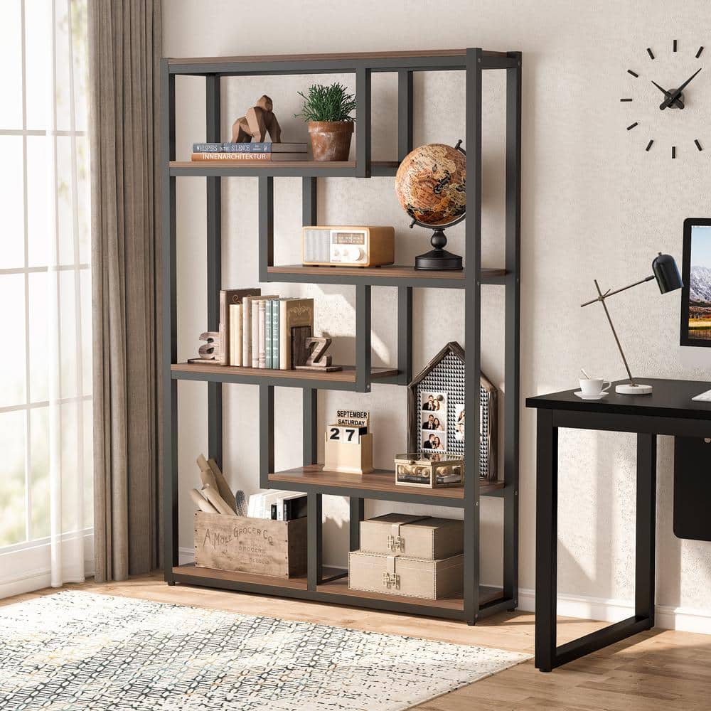 69" Walnut and Black Industrial 6-Tier Bookshelf with Staggered Shelves