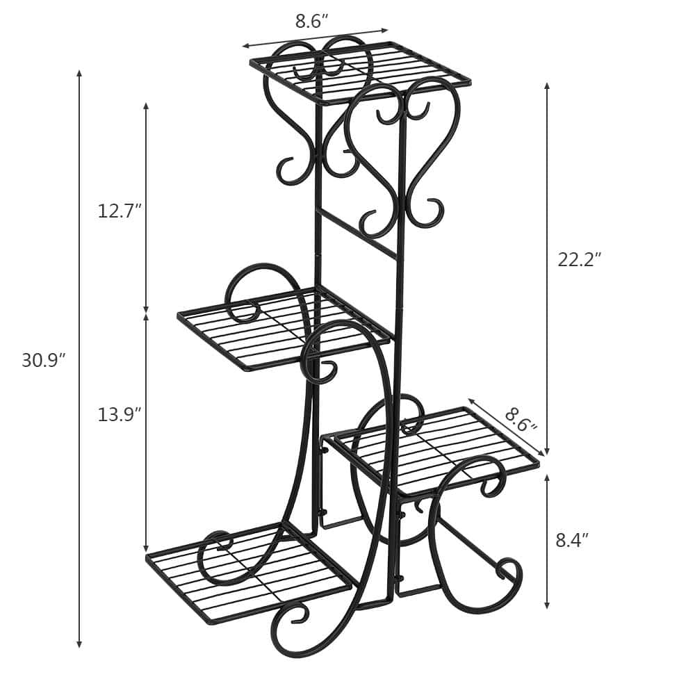 Black Metal 4-Potted Square Flower Plant Stand for Indoor Outdoor