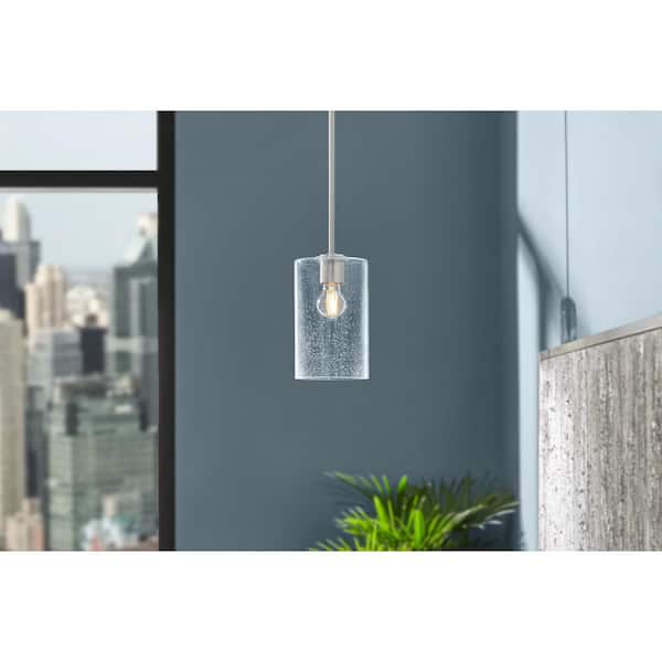 Helenwood 1-Light Brushed Nickel Craftsman Pendant Light with Clear Seeded Glass Shade