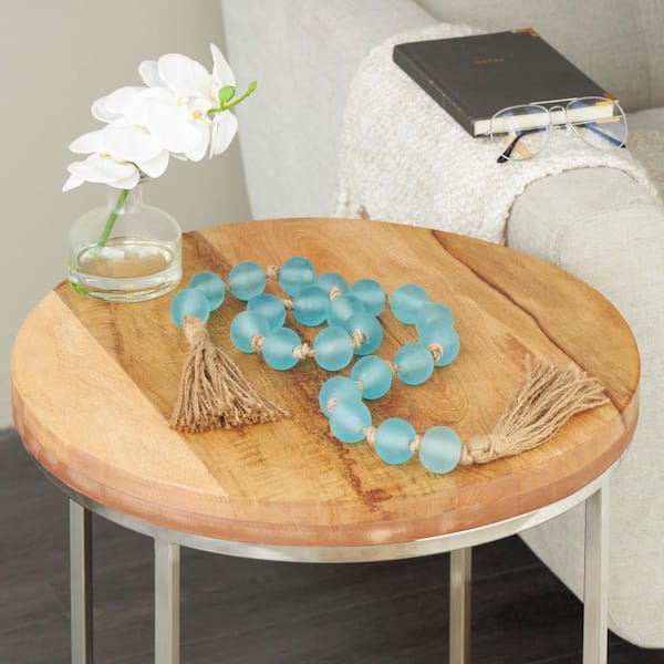 Litton Lane Teal Handmade Glass Round Frosted Beaded Garland with Tassel with Knotted Brown Jute
