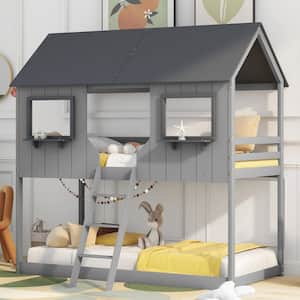 Twin Over Twin House Bunk Beds for Kids, Wood Floor Bunk Bed with 2 Front Windows and Roof, Gray