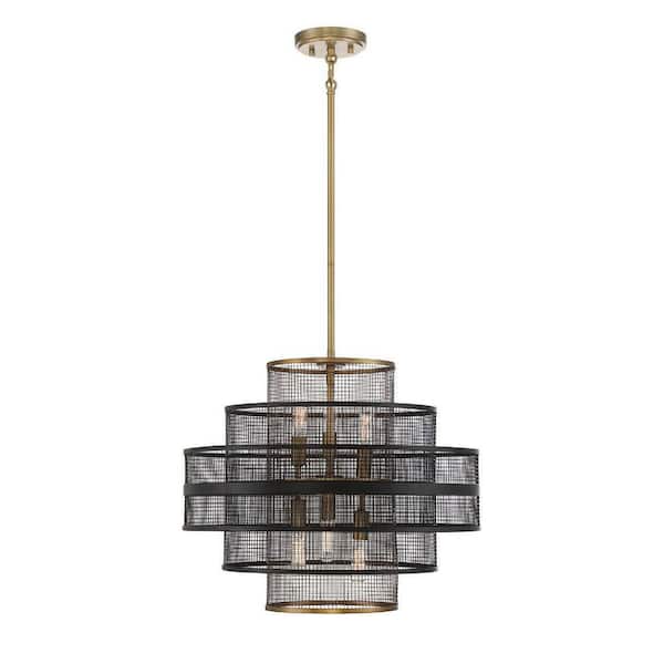 Savoy House Kelvin 20 in. W x 16 in. H 6-Light Warm Brass Statement Pendant Light Black with Matte Black Mesh Shade