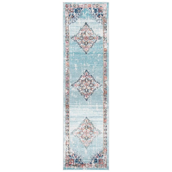 Phoenix 2 ft. x 10 ft. Light Blue/Navy Medallion Distressed Border Runner Rug