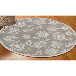 Bella Gray/Ivory 3 ft. Round Eclectic Hand-Tufted Floral 100% Wool Round Area Rug