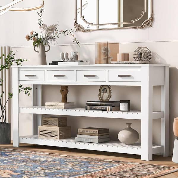 Polibi 62.2 in. White Rectangle Wood Console Table with 4 Drawers and 2 Shelves, Suitable for Entryways, Living Rooms