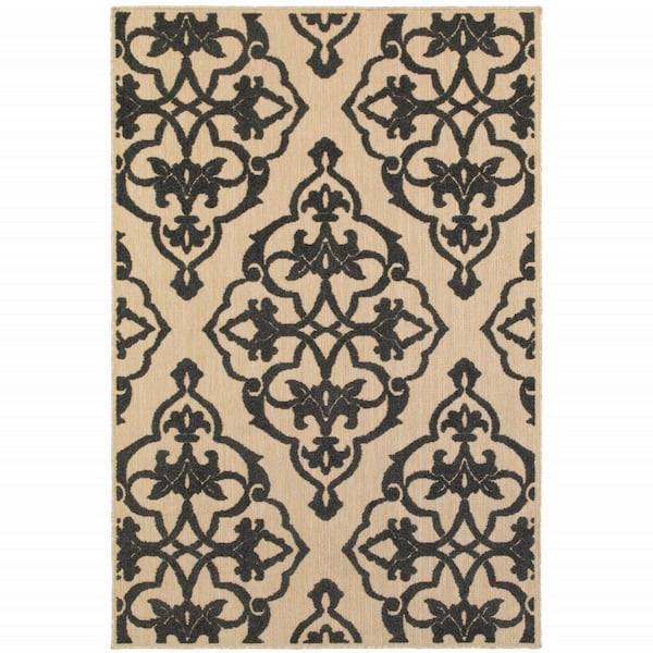 Beige, Black 4 ft. x 5 ft. Loomed Oriental Polypropylene Rectangle Indoor/Outdoor Area Rug