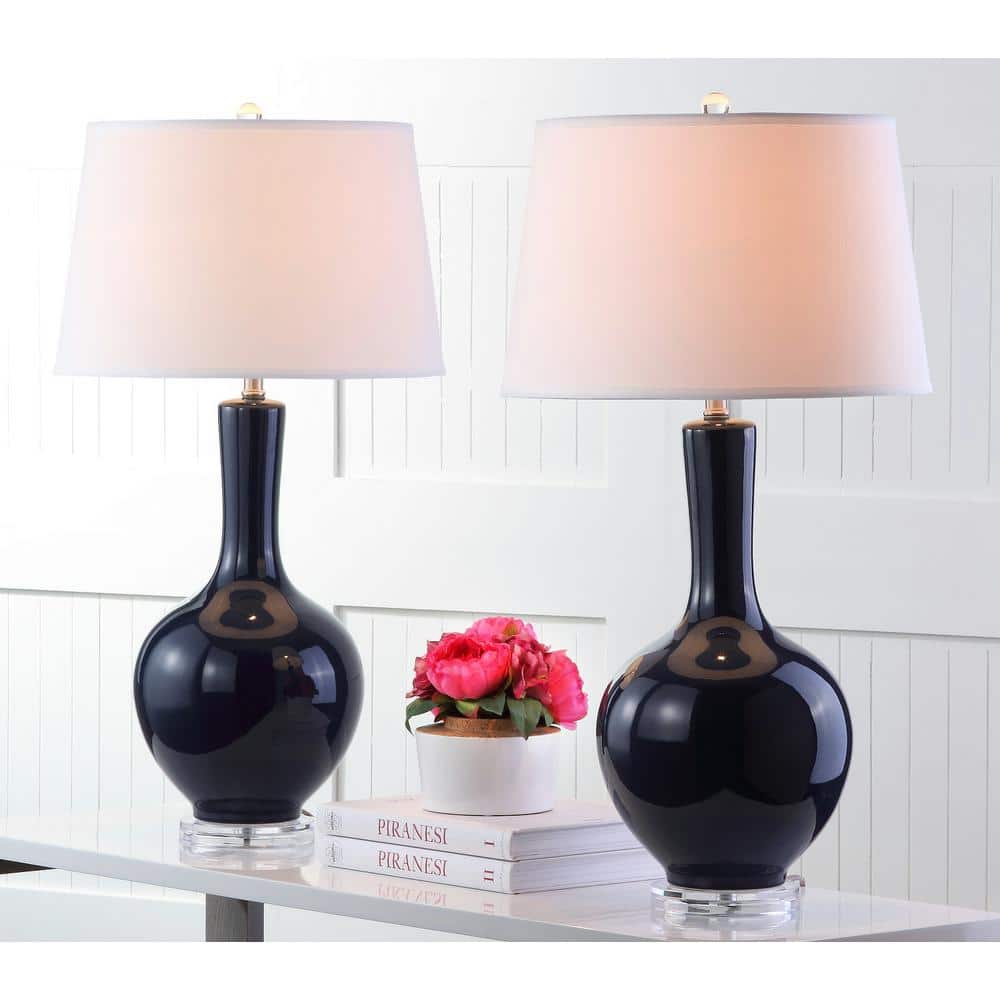 Blanche Navy Ceramic Table Lamp Set with White Cotton Shade