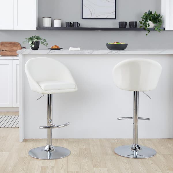 Lumisource Matisse Highback 32.5 in. Cream Fabric and Chrome Metal Adjustable Bar Stool with Rounded T Footrest (Set of 2)