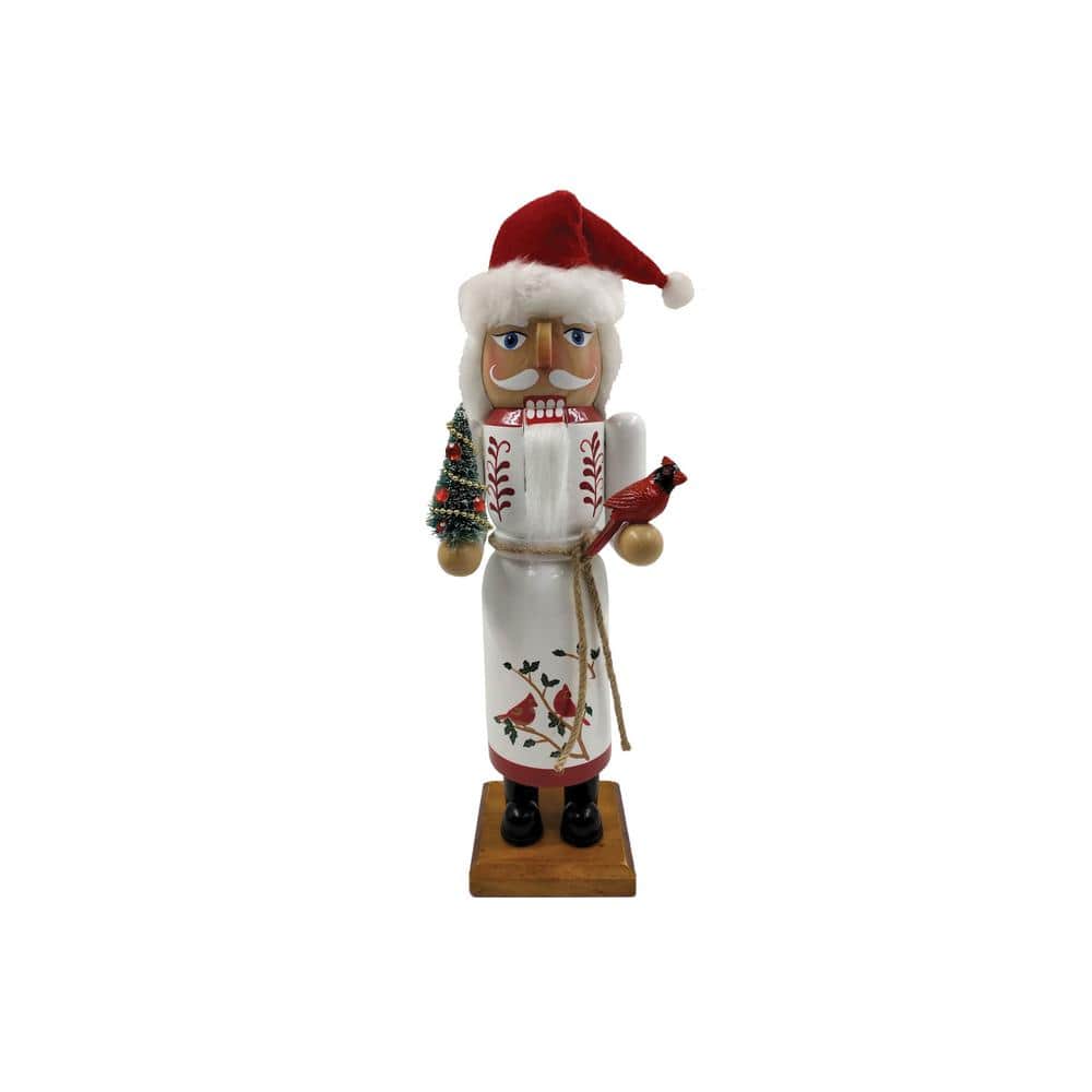 14" White and Red Wooden Cardinal Claus Nutcracker