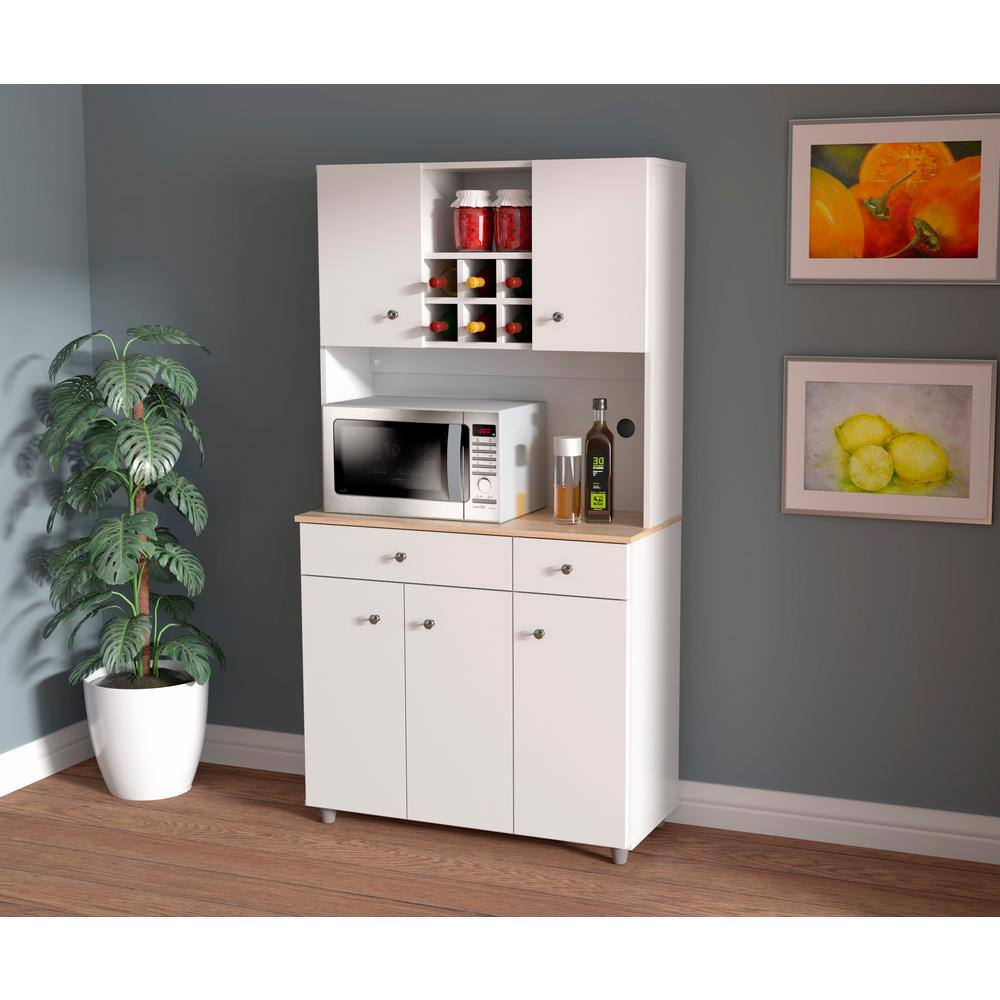 White and Maple Kitchen Pantry with Wine Storage and Metal Handles