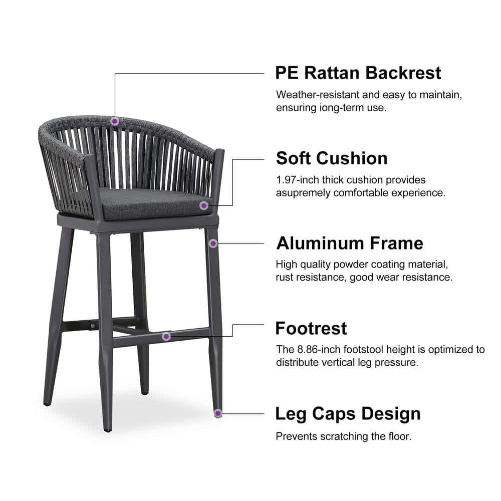 Gray Aluminum Bar Height Armchairs with Cushions