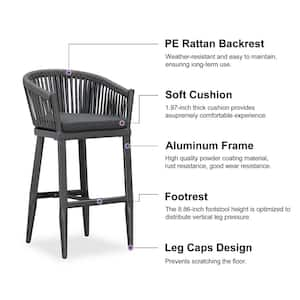 Modern Aluminum Rattan Bar Height Outdoor Bar Stool with Back and Grey Cushion (2-Pack)