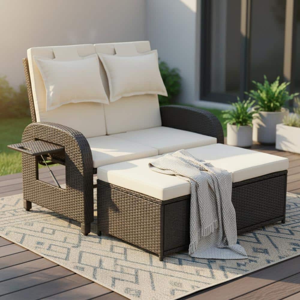 Outdoor Beige Rattan Daybed, 3-in-1 Convertible Design Reclining Sofa price history on PriceWatchPro