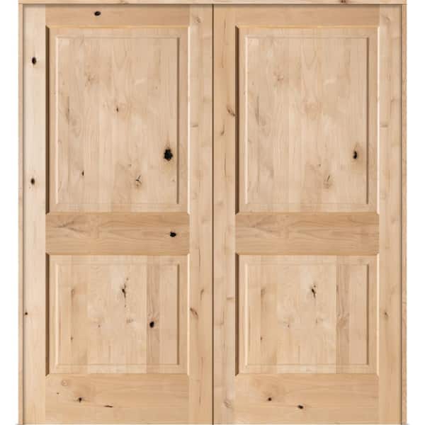 Krosswood Doors 64 in. x 80 in. Rustic Knotty Alder 2-Panel Square Top Both Active Solid Core Wood Double Prehung Interior French Door