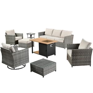 Warner Gray 10-Piece Wicker Patio Fire Pit Conversation Set with Dark Gray Cushions and Swivel Rocking Chairs