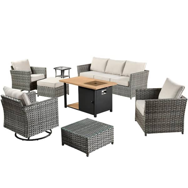 weaxty W Warner Gray 10-Piece Wicker Patio Fire Pit Conversation Set with Dark Gray Cushions and Swivel Rocking Chairs