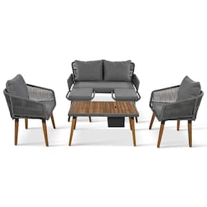 Grey Outdoor 6-Piece Rope Patio Conversation Set with Acacia Wood Cool Bar Table with Ice Bucket