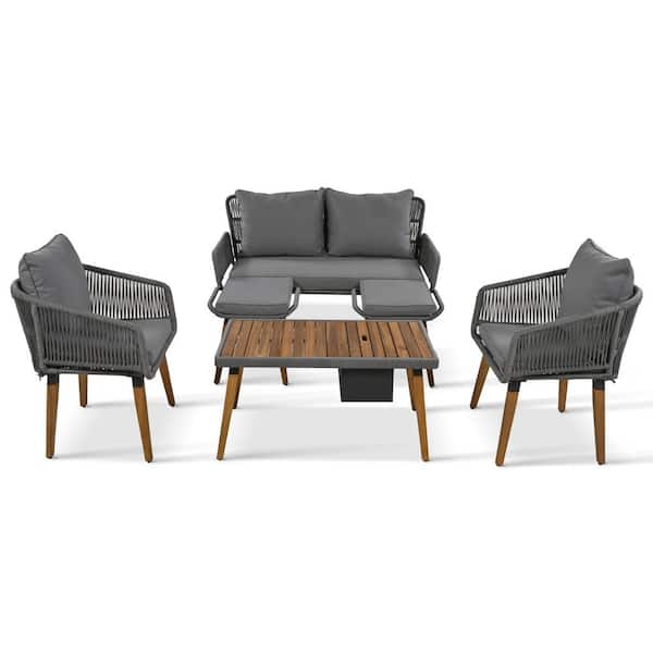 Boosicavelly Grey Outdoor 6-Piece Rope Patio Conversation Set with Acacia Wood Cool Bar Table with Ice Bucket
