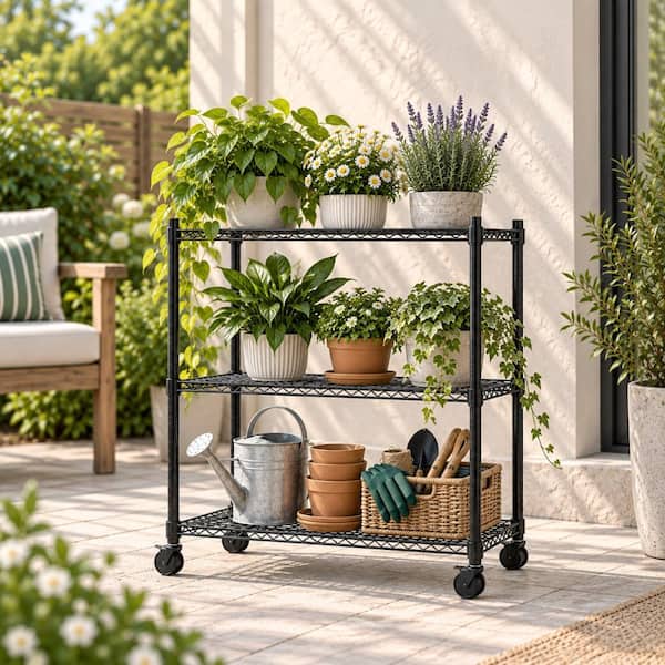 Yangming 30 in. H x 23 in. W x 13 in. D 3-Tier Black Metal Outdoor