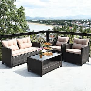 4-Piece Wicker Patio Rattan Conversation Furniture Set with Glass Top Coffee Table, Beige Cushions