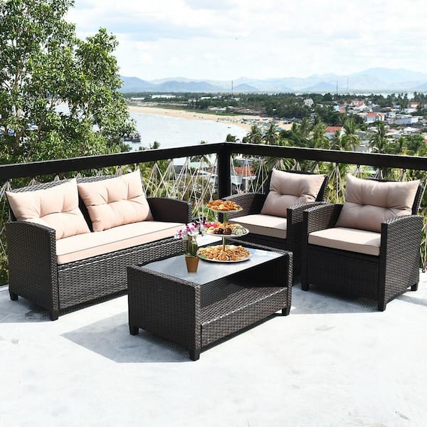 4-Piece Wicker Patio Rattan Conversation Furniture Set with Glass Top Coffee Table, Beige Cushions