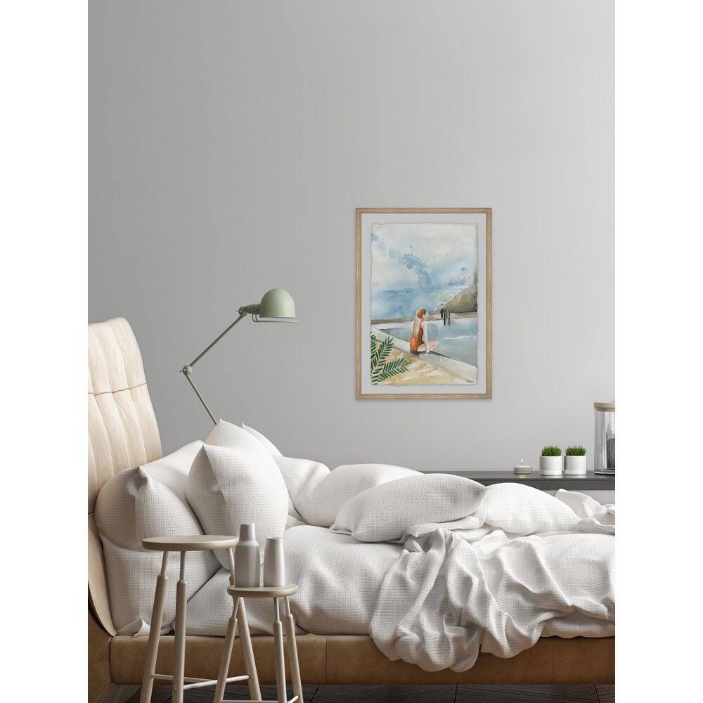Blue and Beige Framed Canvas Print of Woman by Pool
