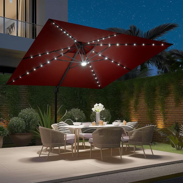 11 ft. x 11 ft. LED Square Swivel Double Top Cantilever Tilt Patio Umbrella in Red