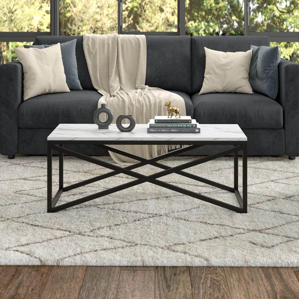 Rectangular Blackened Bronze Coffee Table with Faux Marble Top