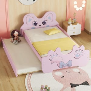 Pink Wood Frame Twin Size Platform Bed with Cartoon Decorations, Twin Size Trundle