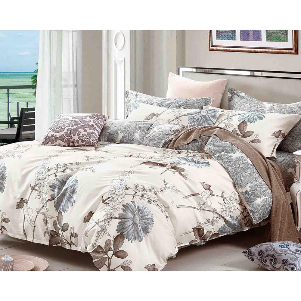 Cream and Blue Gray Floral Cotton Queen Duvet Cover Set
