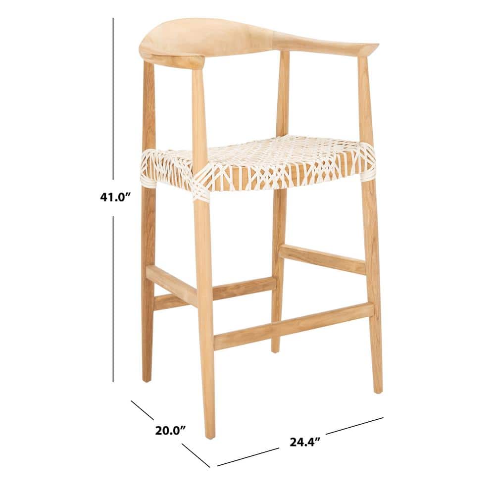 Curved Natural Teak & Woven White Leather Counter Stool
