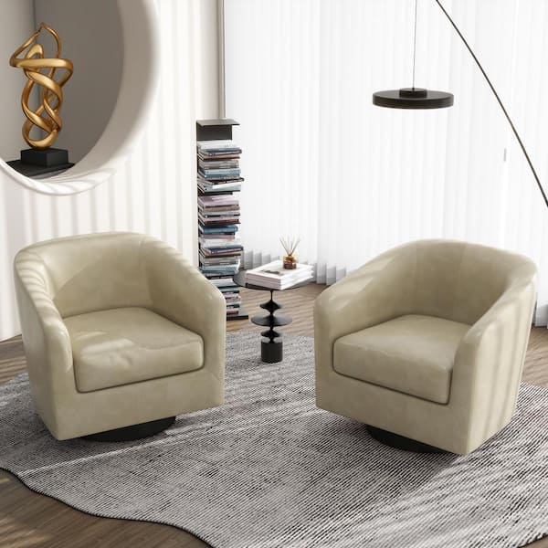 Uixe Modern Cream PU Leather Upholstered 360° Swivel Accent Arm Chair With Wood Base(Set of 2)