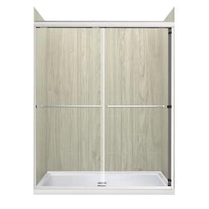 Cove Sliding 48 in L x 34 in W x 78 in H Center Drain Alcove Shower Stall Kit in Driftwood and Brushed Nickel Hardware