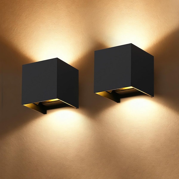 4 in. Matte Black Outdoor Hardwired Wall Sconce 10-Watt 3000K LED Cube Wall Light (2-Pack)