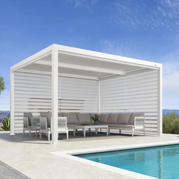 PURPLE LEAF 11 ft. x 13 ft. White Aluminum Frame Louvered Pergola with Adjustable Shade Roof and 1-Long 1-Short Side Roller Shades