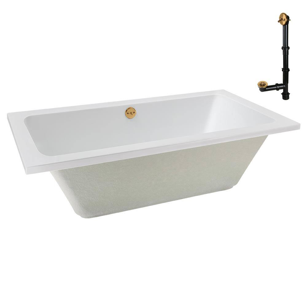 60" x 32" Glossy White Acrylic Soaking Drop-In Bathtub with Brushed Gold Drain