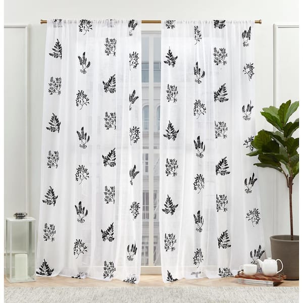Mabel Black Floral Sheer Rod Pocket Curtain, 54 in. W x 108 in. L (Set of 2)