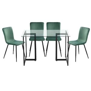 Slip Scargill Green 5-Pcs Dining Set with Glass Top Black Leg Table and Velvet Upholstered Chairs