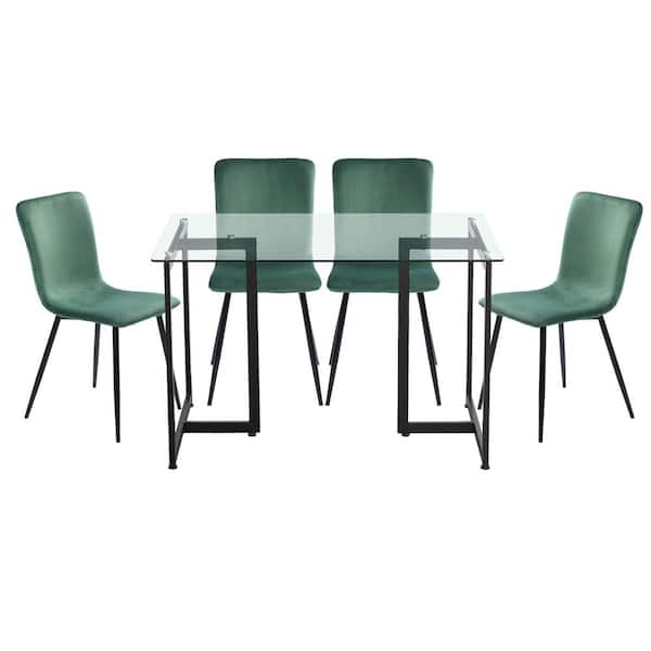 Homy Casa Slip Scargill Green 5-Pcs Dining Set with Glass Top Black Leg Table and Velvet Upholstered Chairs