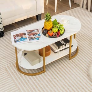 39 in. White Oval Marble Coffee Table Modern 2-Tier Center Table with Open Storage Shelf