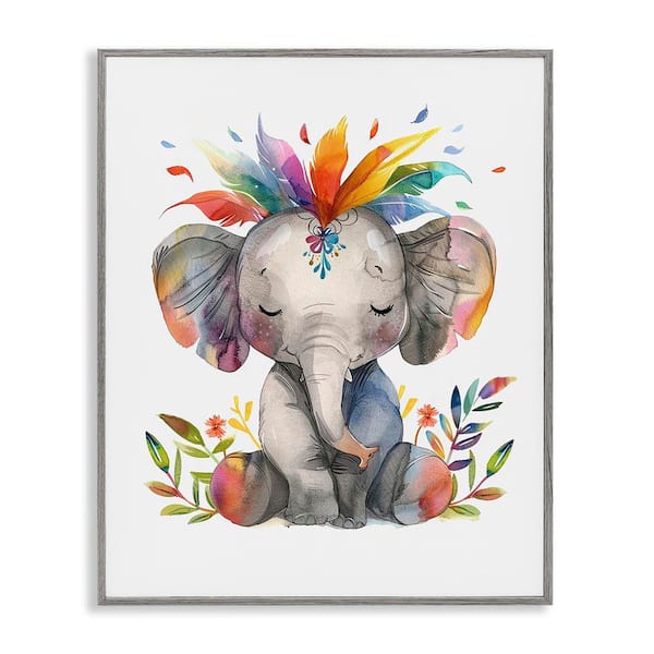 Stupell Industries Rainbow Blooms Elephant by LSR Design Studio Gray Framed Animal Giclee Art Print 14 in. x 11 in.