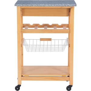 Kitchen Cart Island Granite Top with 4-Bottle Wine Storage Rack. Microwave and Toaster Oven-Safe